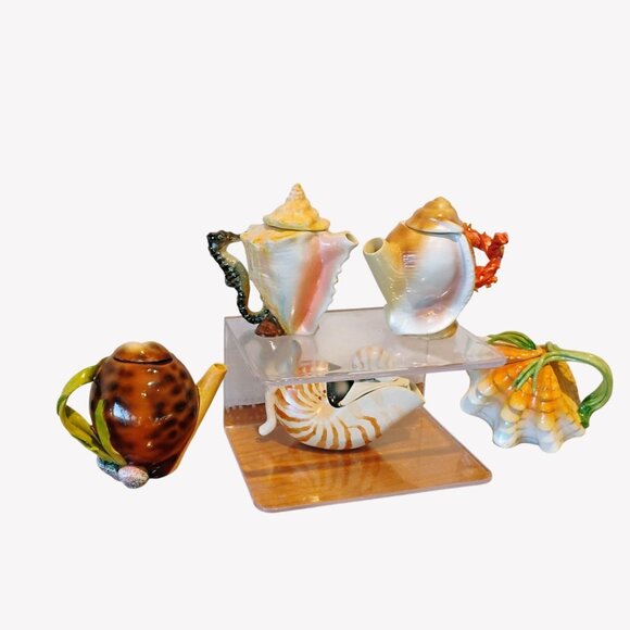 Vtg Mini Seashell Shaped Ceramic Teapot Set of 5 Thailand 3" - Picture 1 of 12